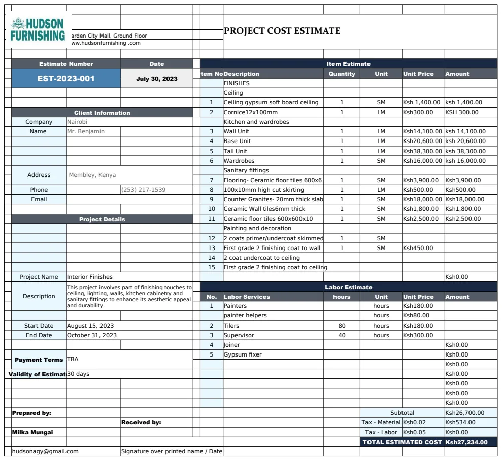 Project Cost Estimate Template preview