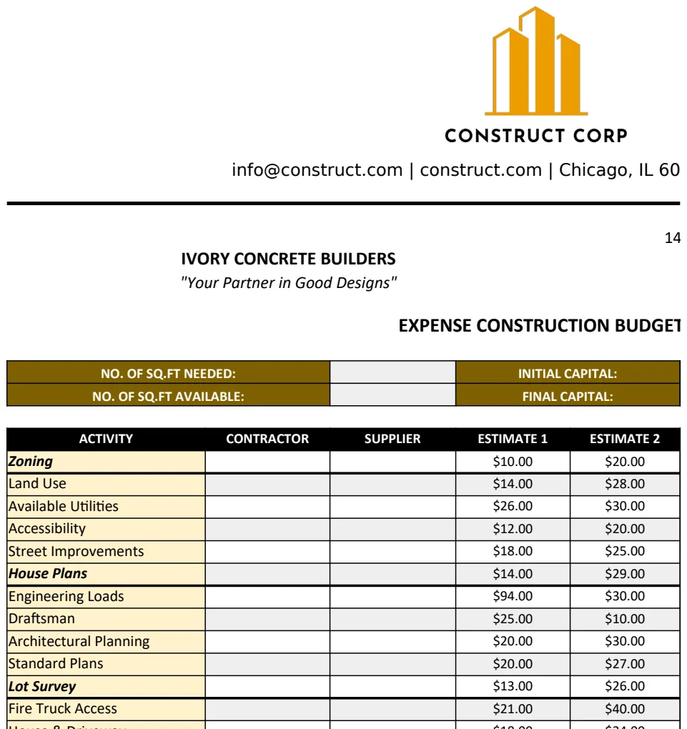 Construction Estimate Invoice Template preview