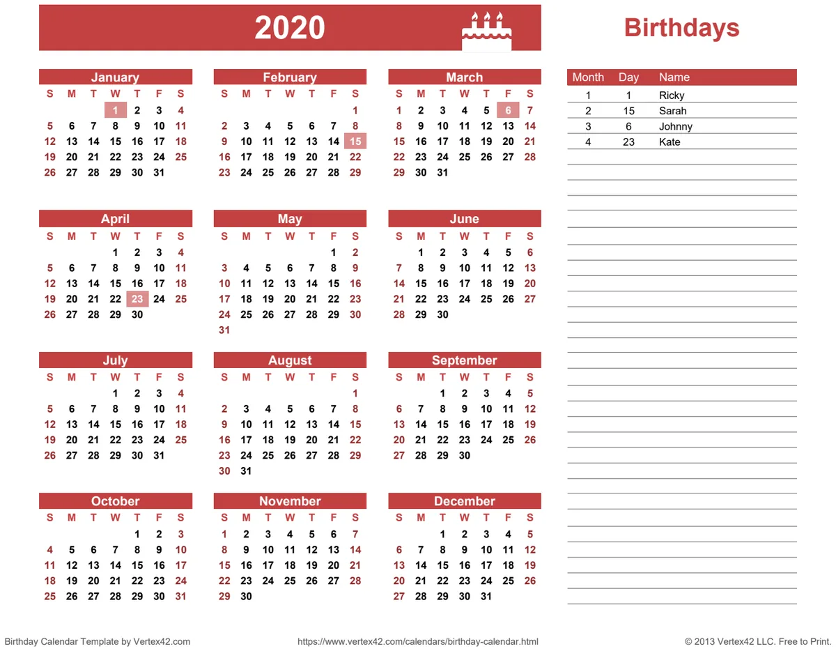 Birthday Calendar Template preview