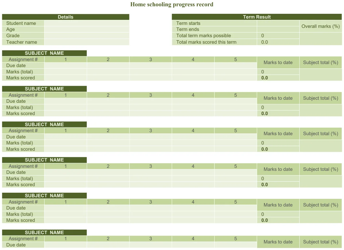 Home Schooling Progress Record preview