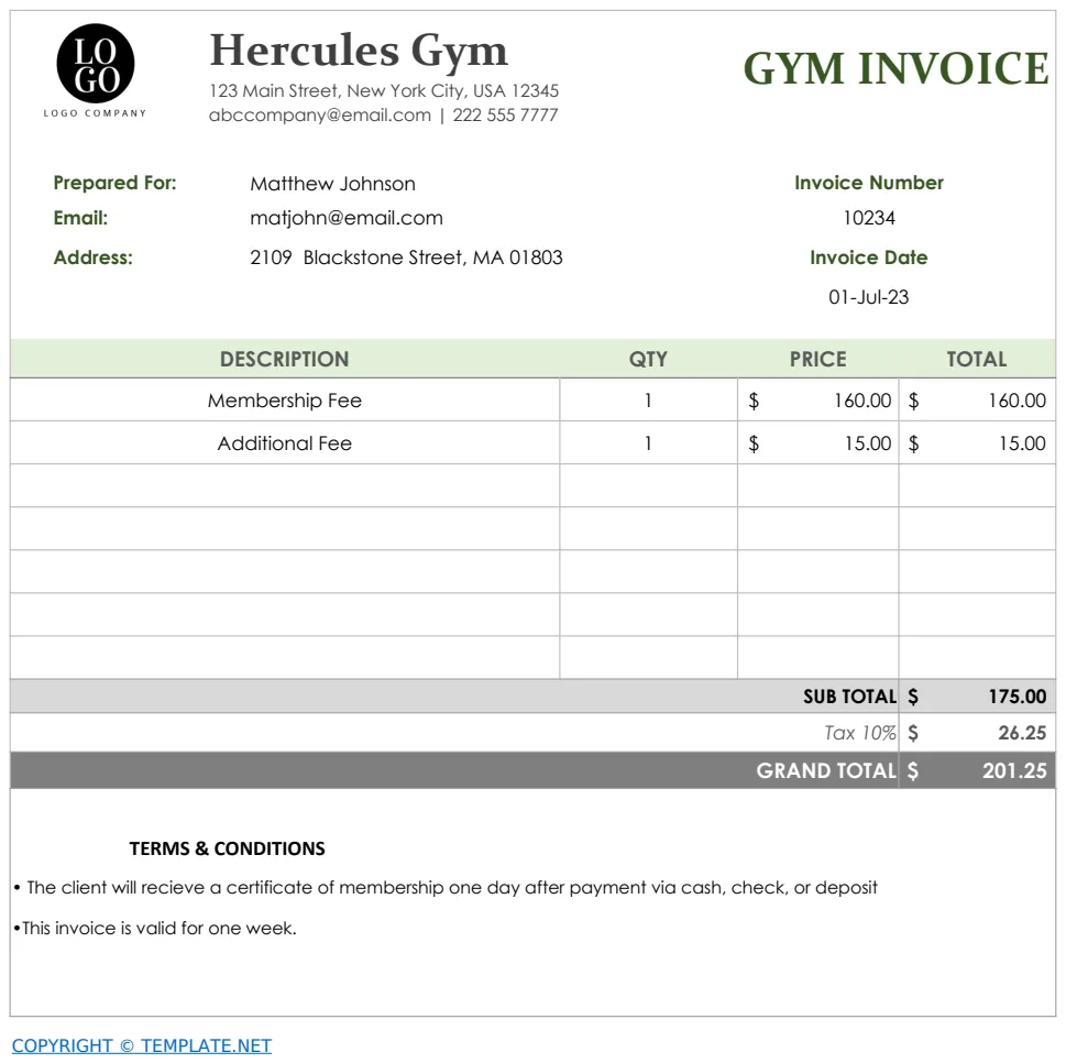 Gym Invoice Template preview