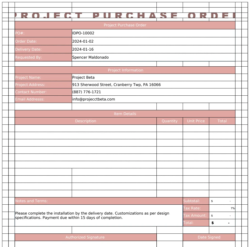 Project Purchase Order Template preview