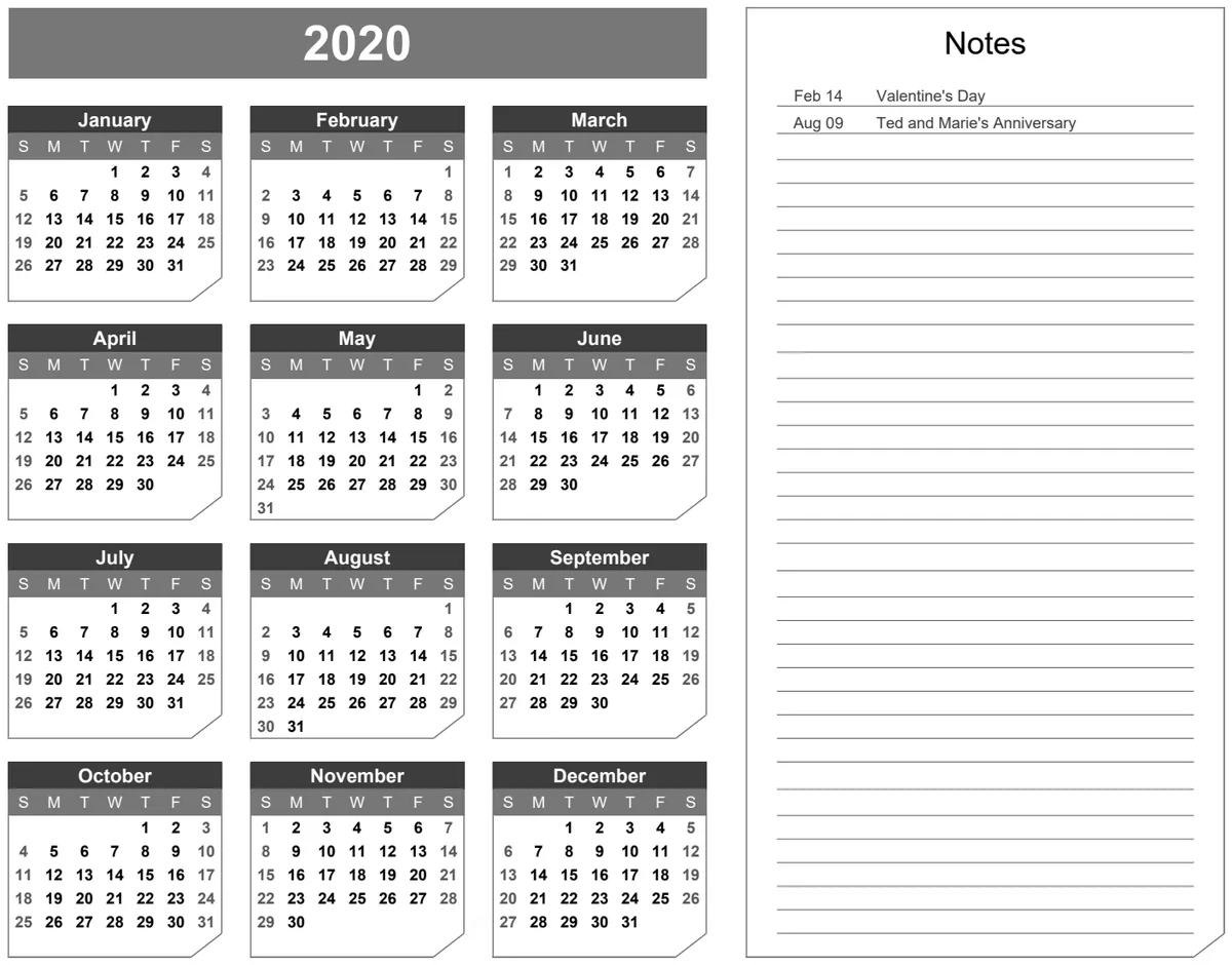 Yearly Calendar Landscape with Notes - Chamfer Theme preview