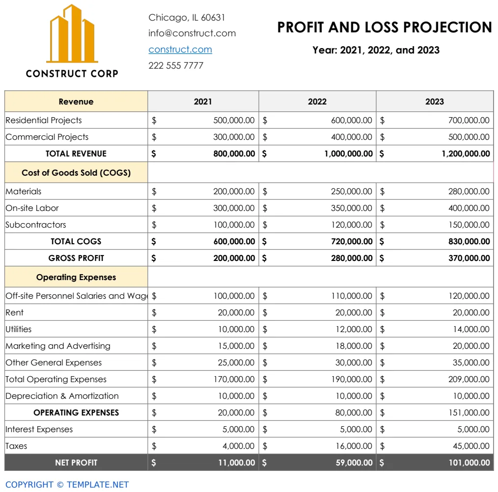 Profit and Loss Projection Template preview