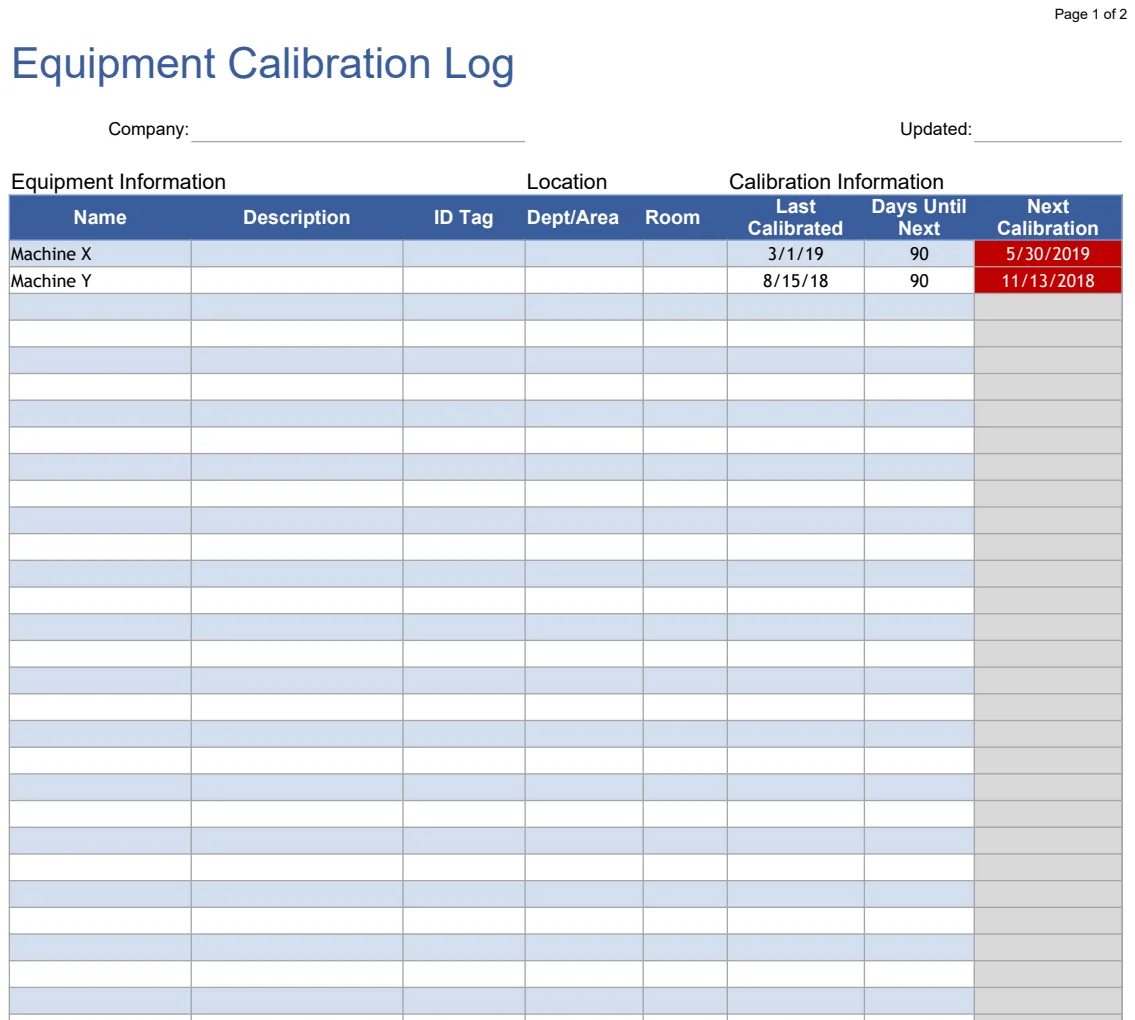 Equipment Calibration Log preview