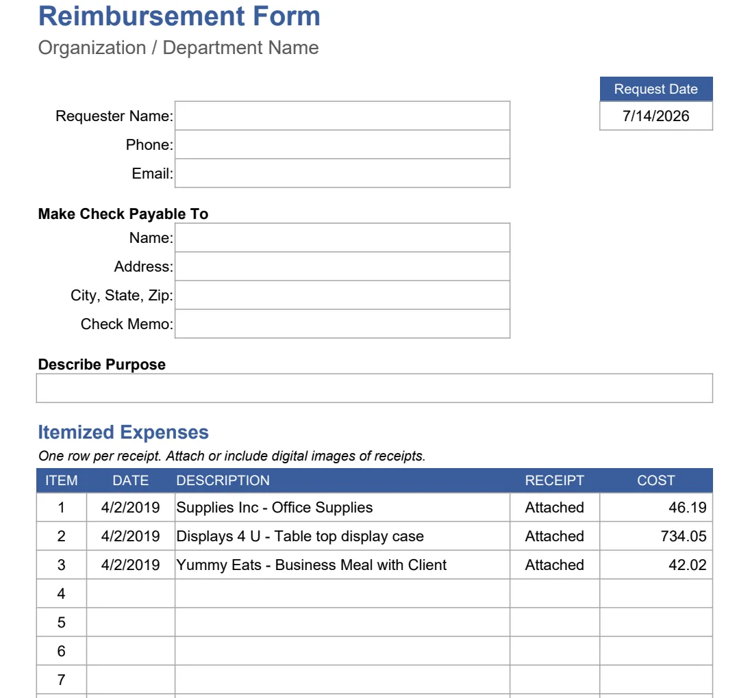 Reimbursement Form with Receipts preview
