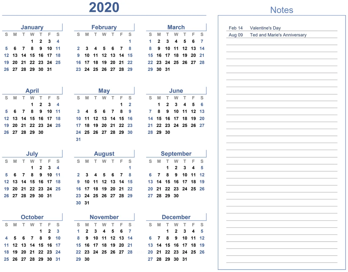 Yearly Calendar Landscape with Notes Light Theme preview