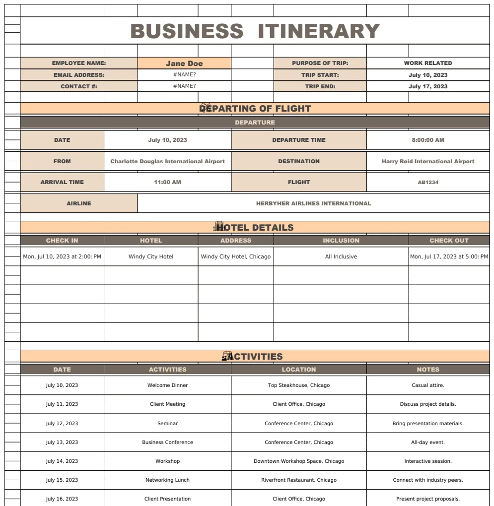 Business Itinerary Template preview