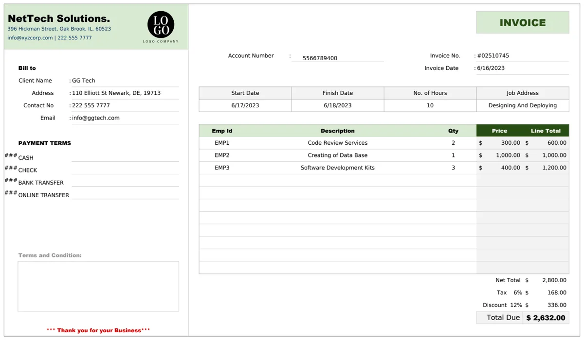 Job Invoice Template preview