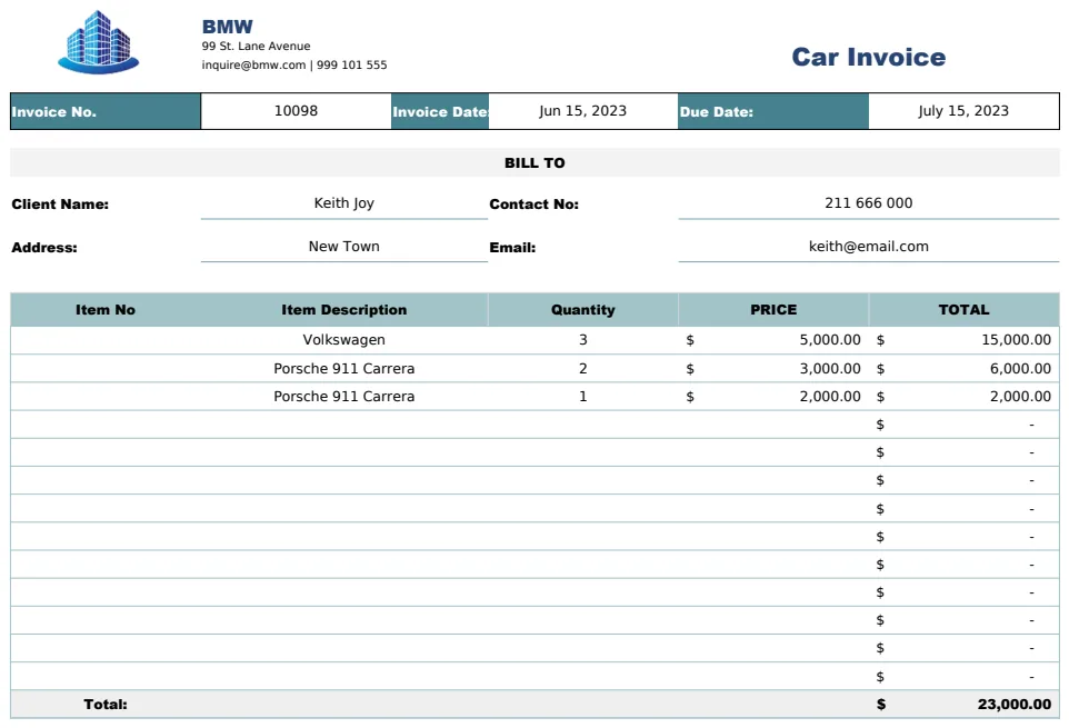 Car Invoice Template preview