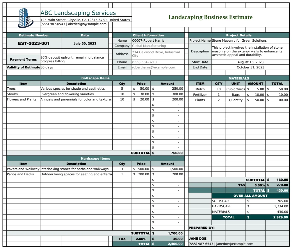Landscaping Business Estimate Template preview
