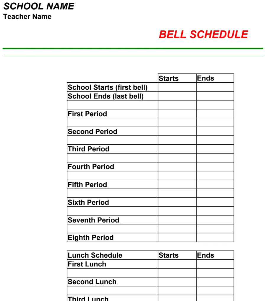 School Bell Schedule Template preview