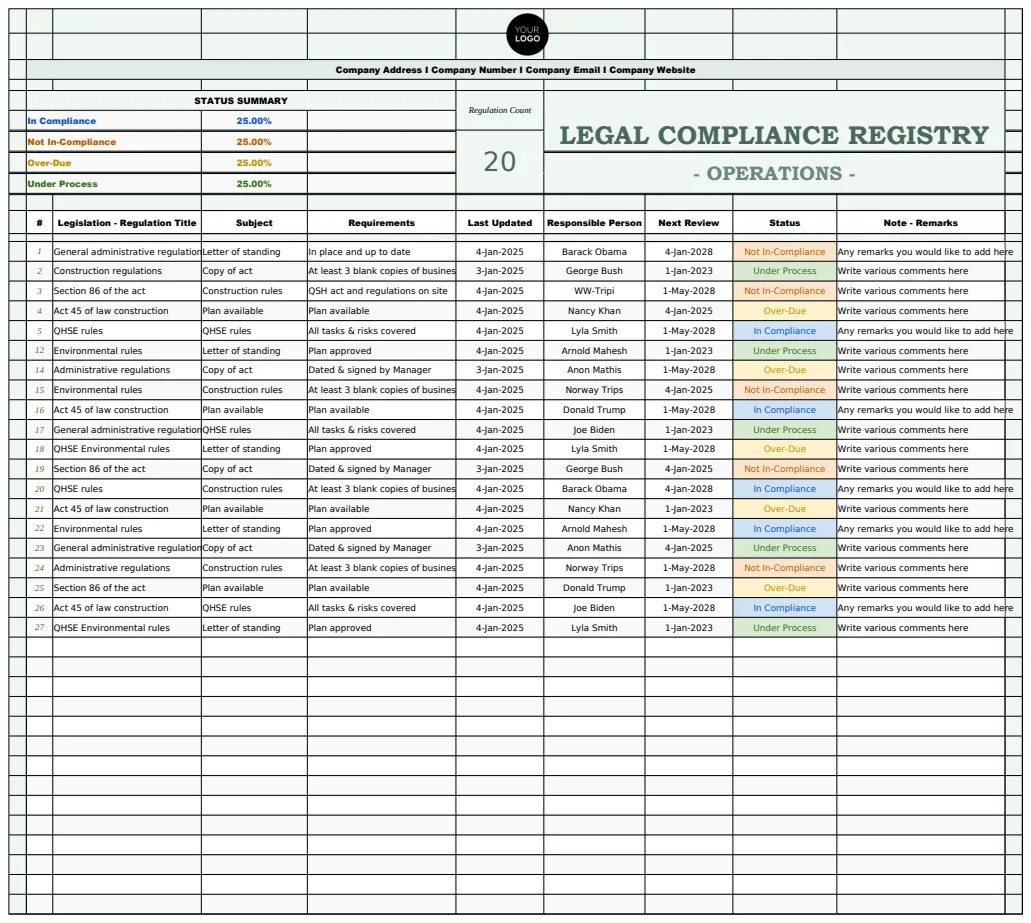 Operations Legal Compliance Registry Template preview
