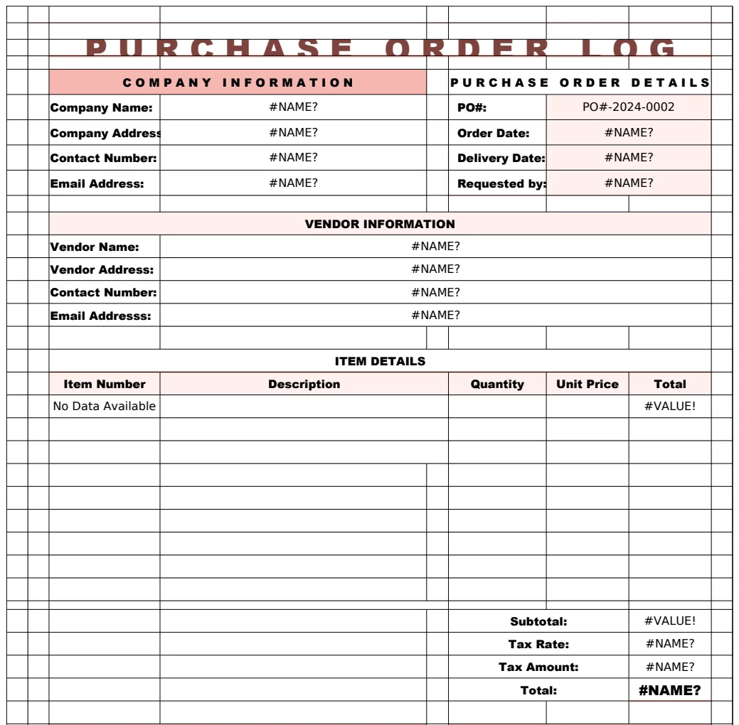 Purchase Order Log Template preview