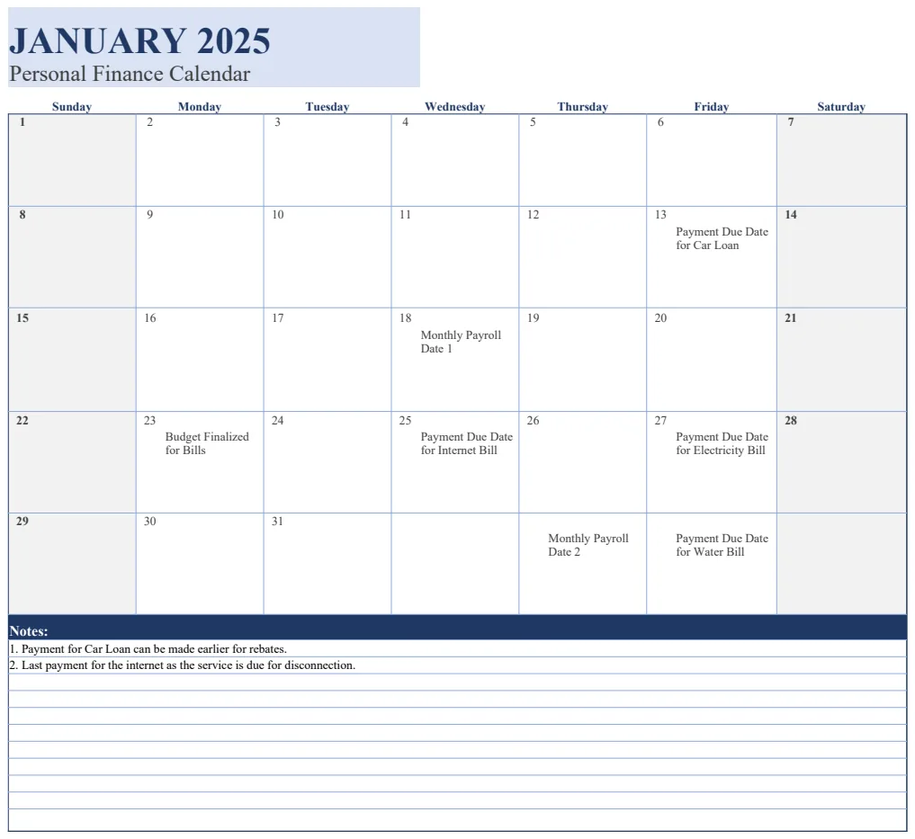 Personal Finance Calendar preview
