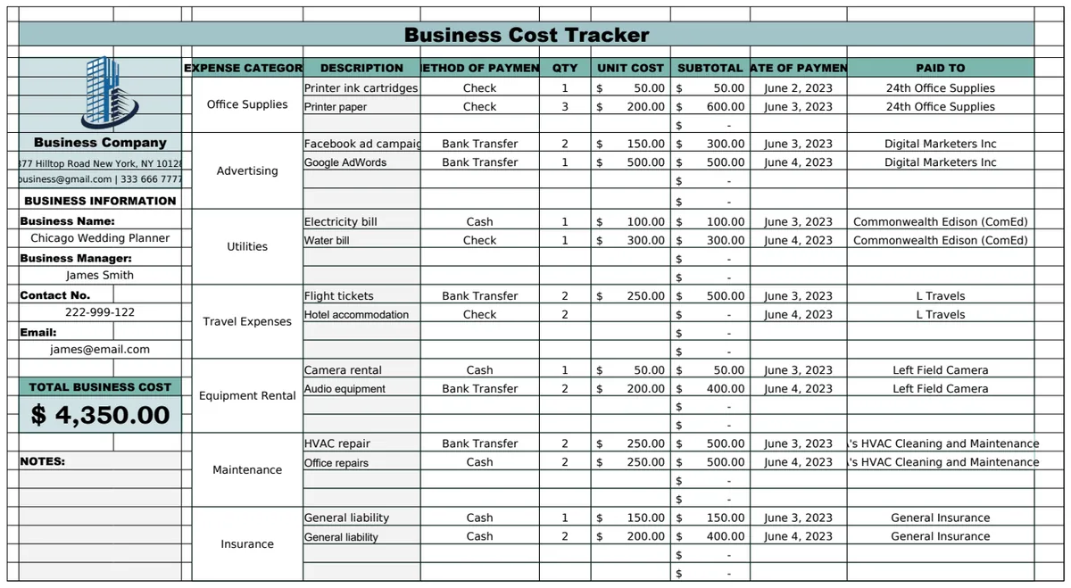 Business Cost Tracker Template preview