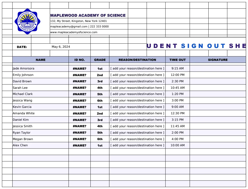 Student Sign Out Sheet Template preview