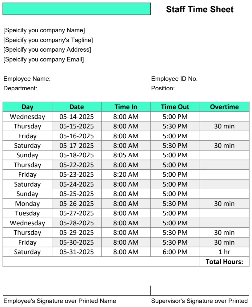 Construction Staff Time Sheet Template preview