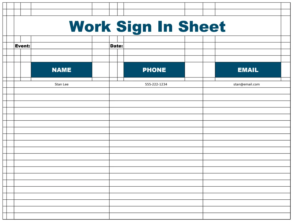 Work Sign In Sheet Template preview