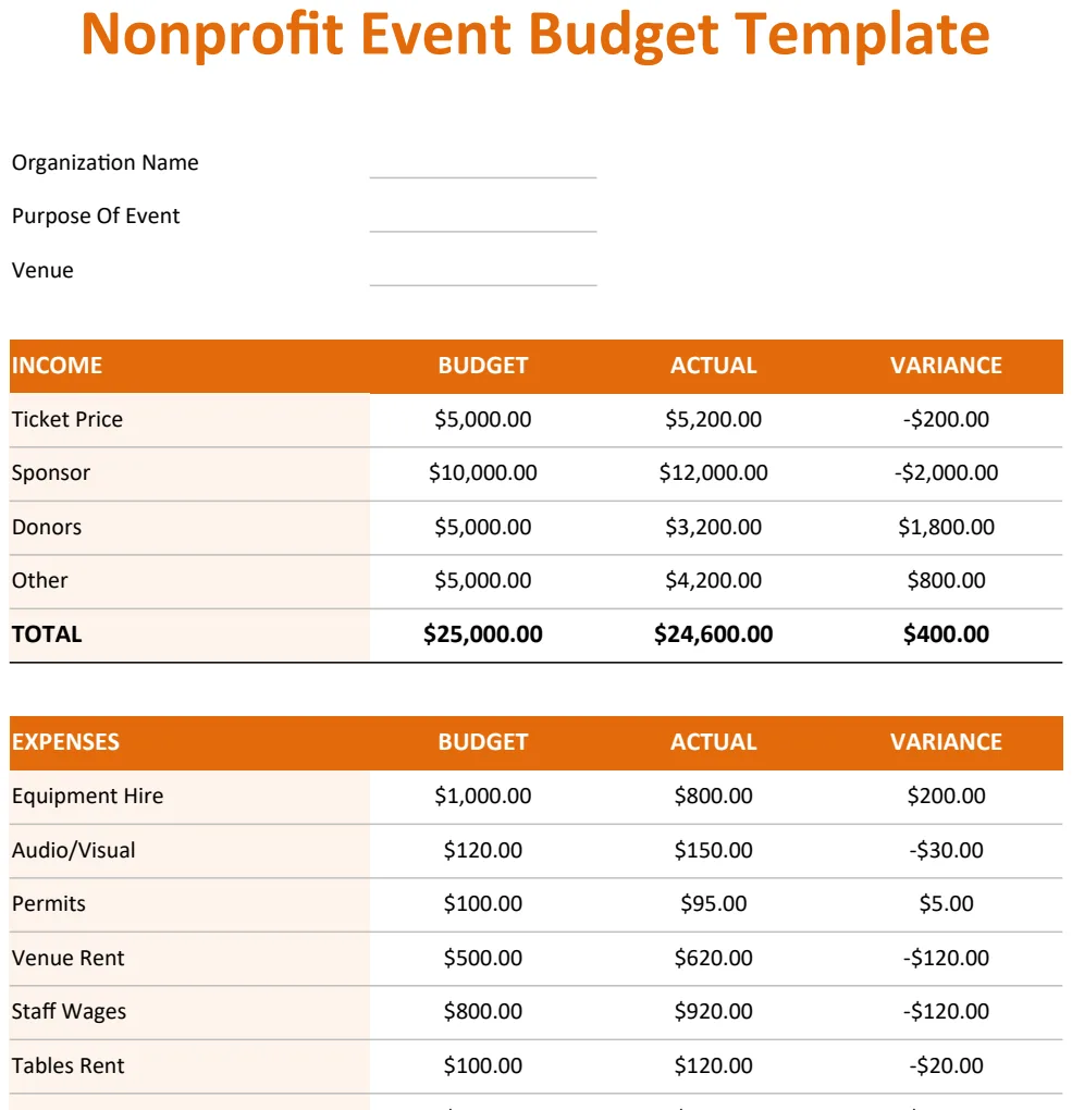 Nonprofit Event Budget Template US preview