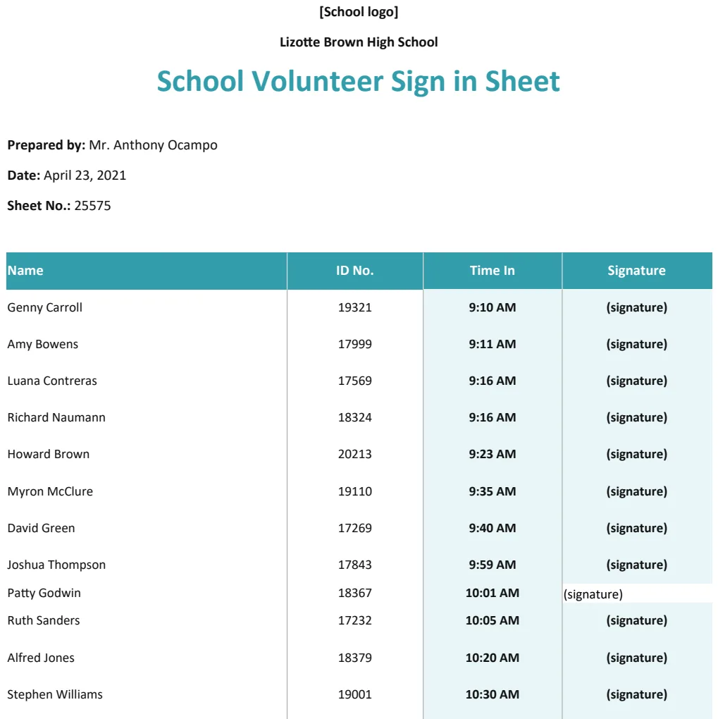 School Volunteer Sign in Sheet preview