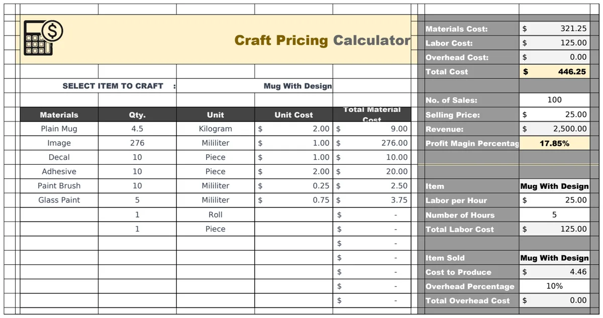 Craft Pricing Calculator Template preview