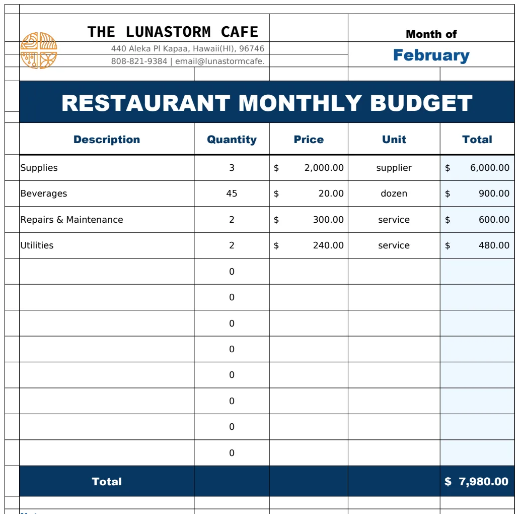 Restaurant Monthly Budget Template preview