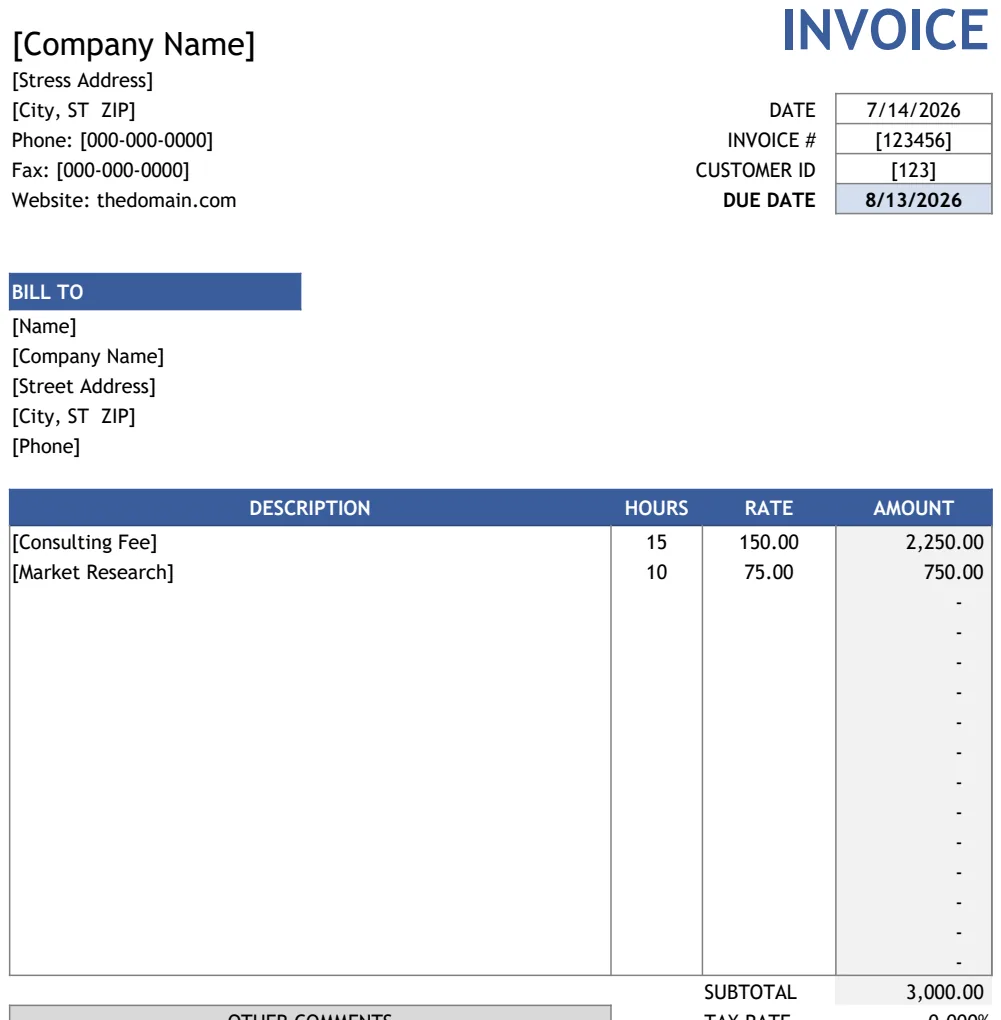 Services Invoices with Hourly Rate preview
