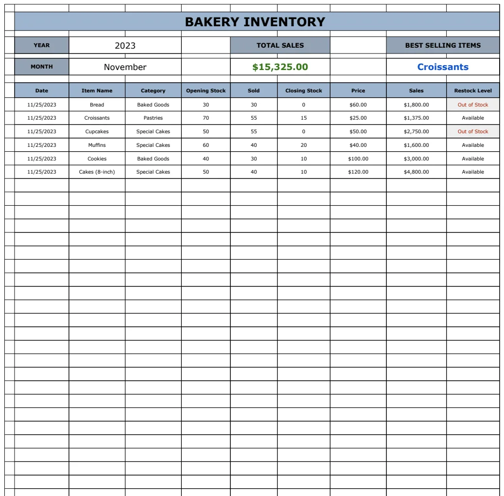 Bakery Inventory Template preview