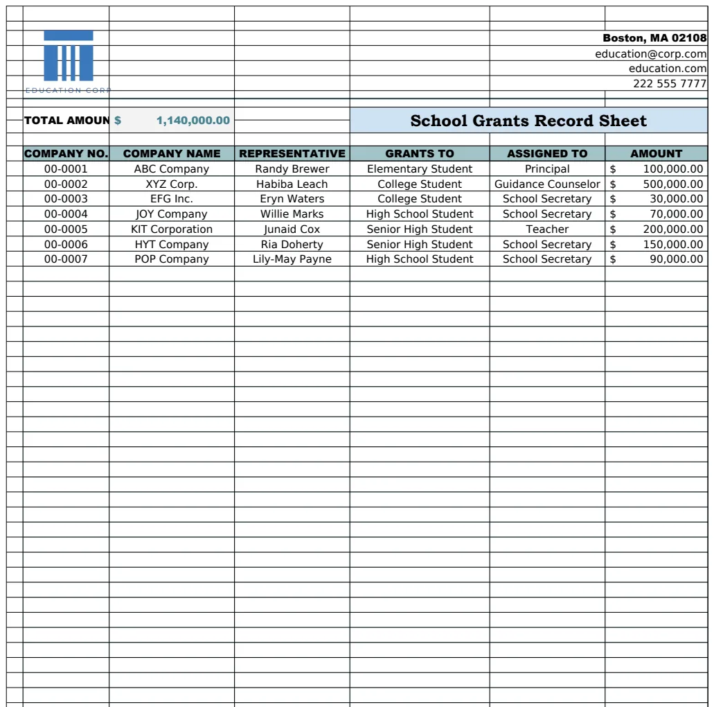 School Grants Record Sheet Template preview
