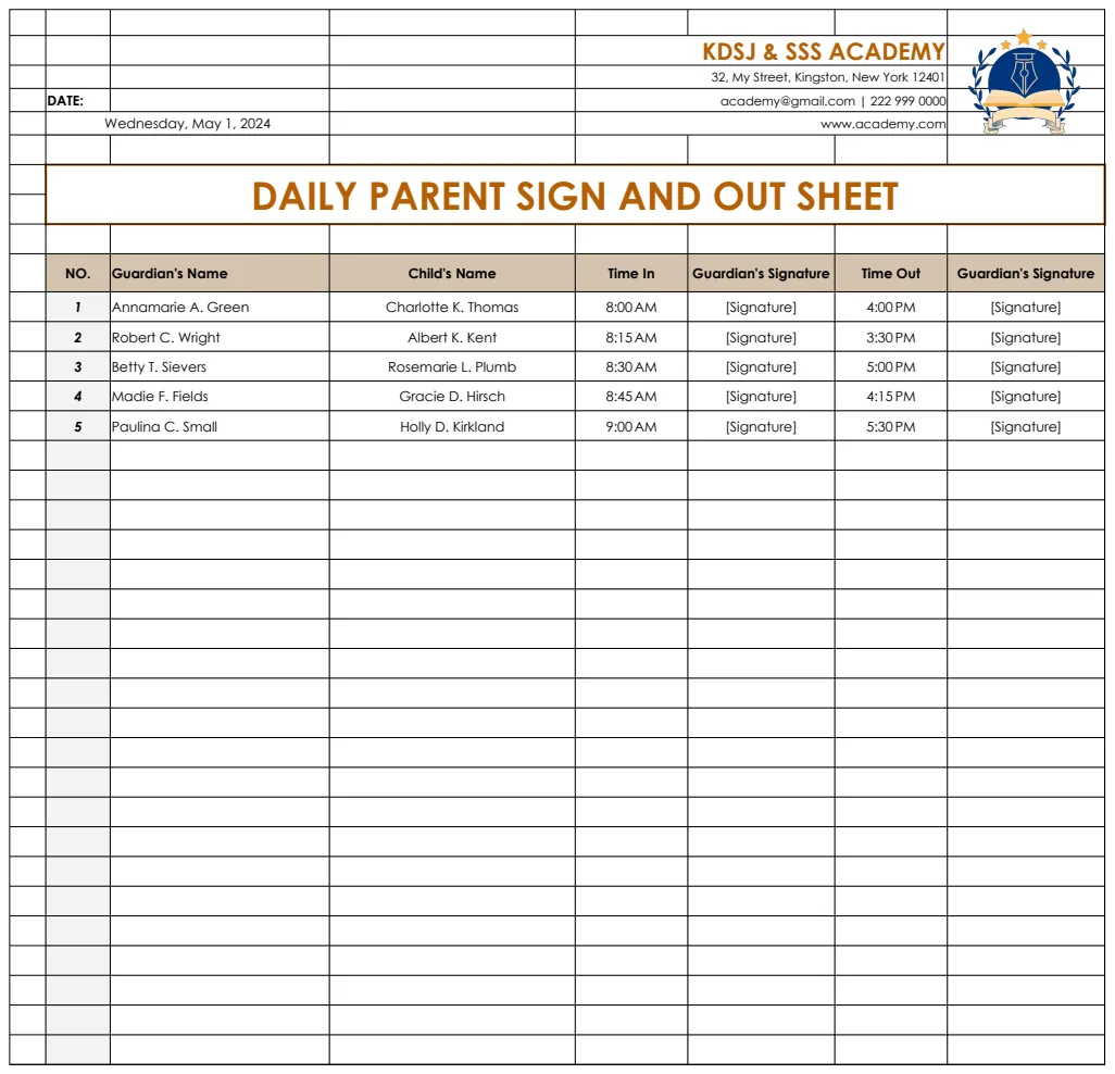 Daily Parent Sign In/Sign Out Sheet Template preview