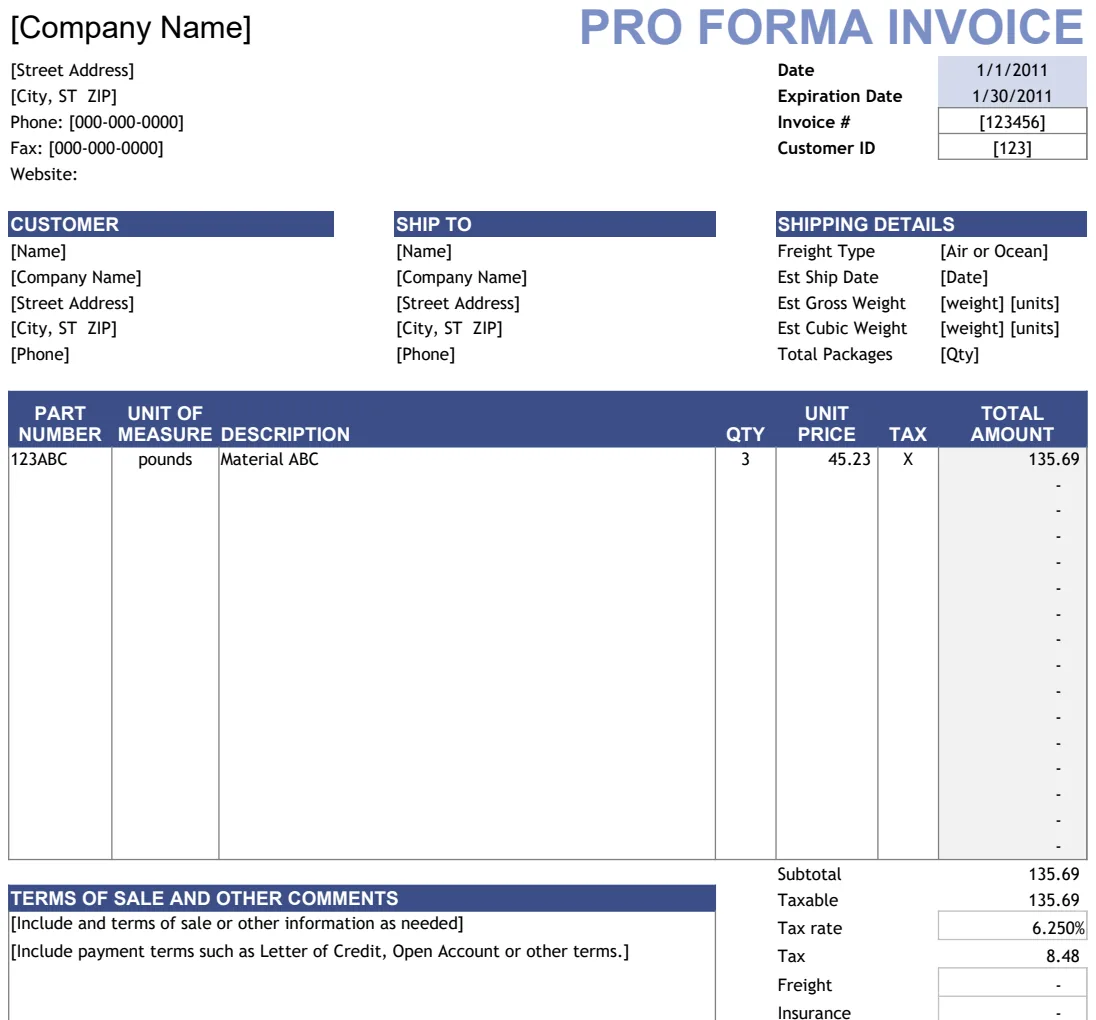 Pro Forma Invoices preview