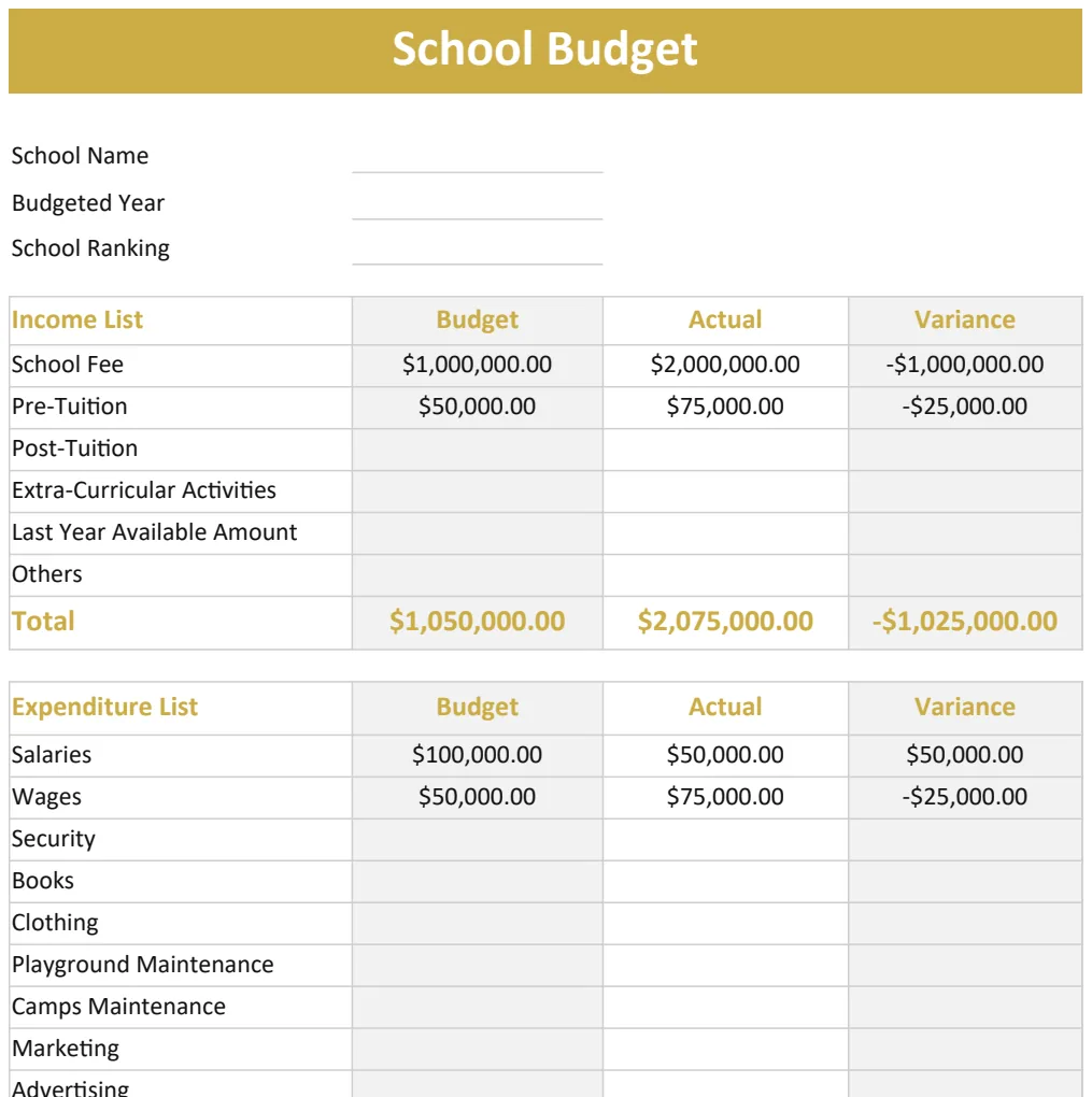 School Budget Template preview