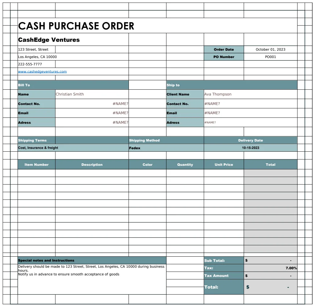 Cash Purchase Order Template preview