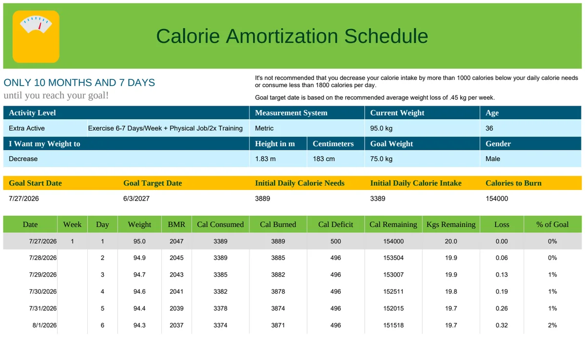 Calorie Amortization Schedule preview