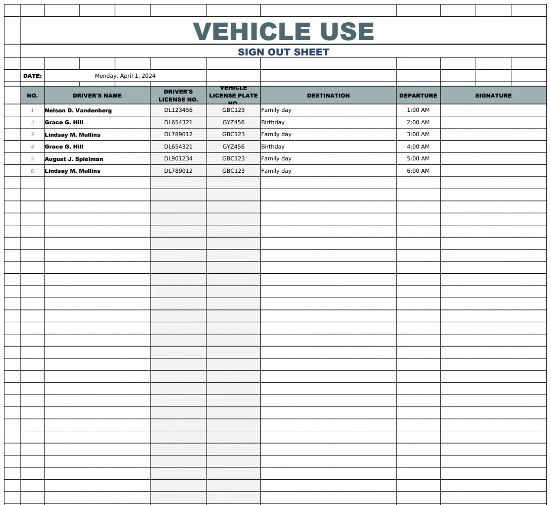 Vehicle Use Sign Out Sheet Template preview