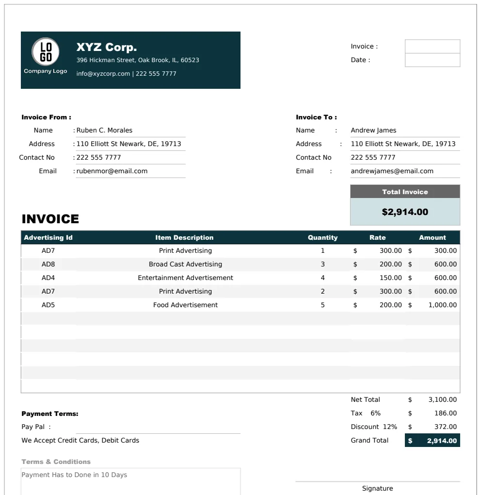Advertising Invoice Template preview
