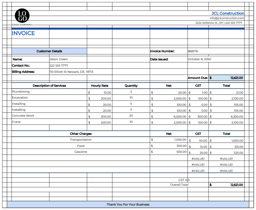 Construction Invoice Template preview