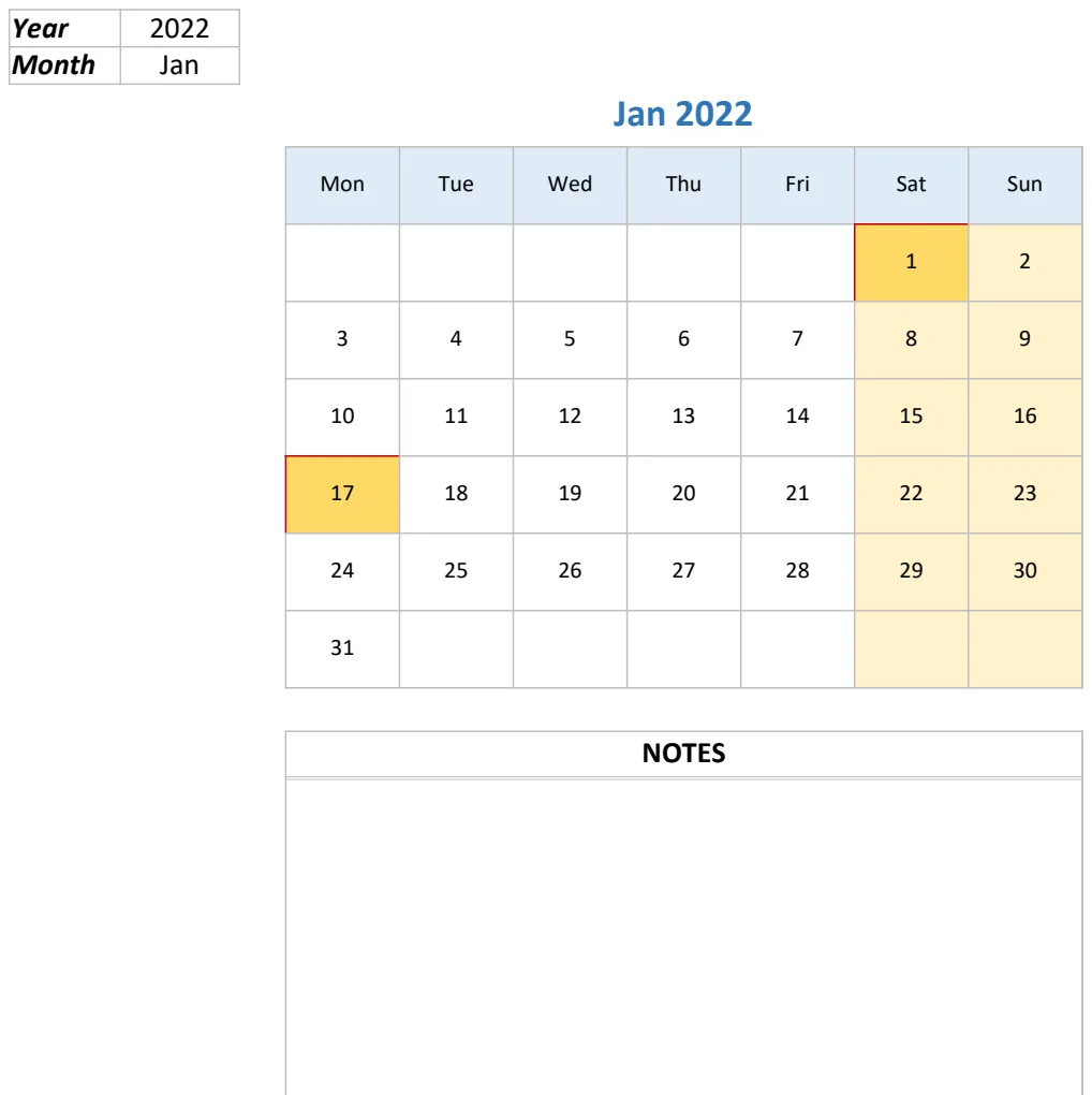 Excel Calendar Template 2022 preview