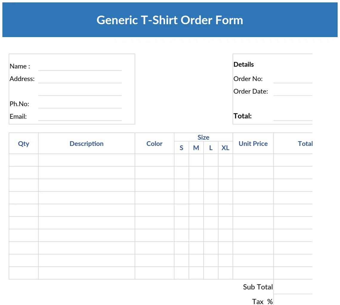 Generic T-Shirt Order Form preview