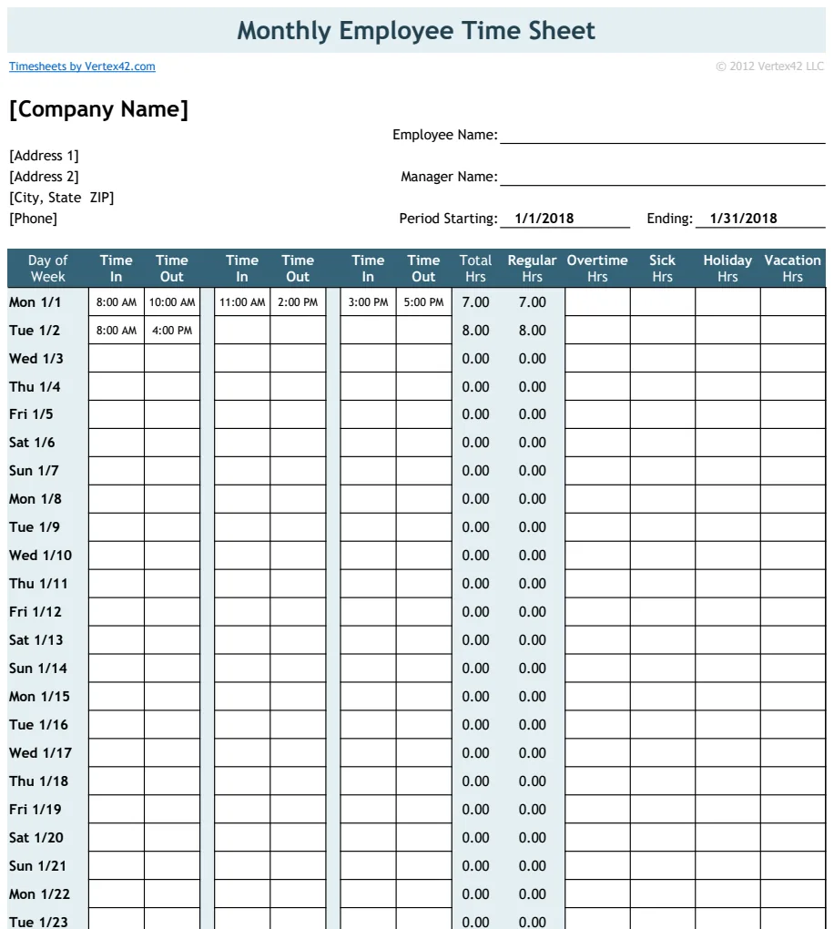 Employee Timesheet with 2 Breaks Monthly preview