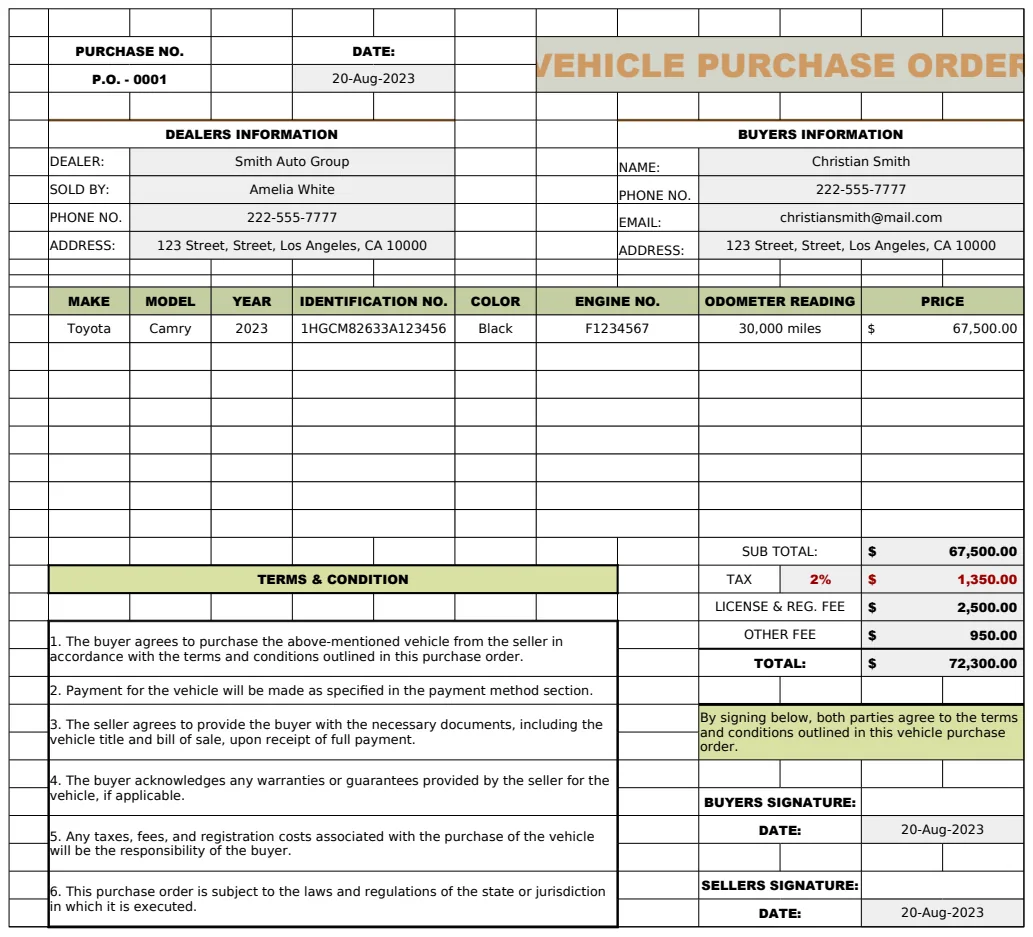 Vehicle Purchase Order Template preview