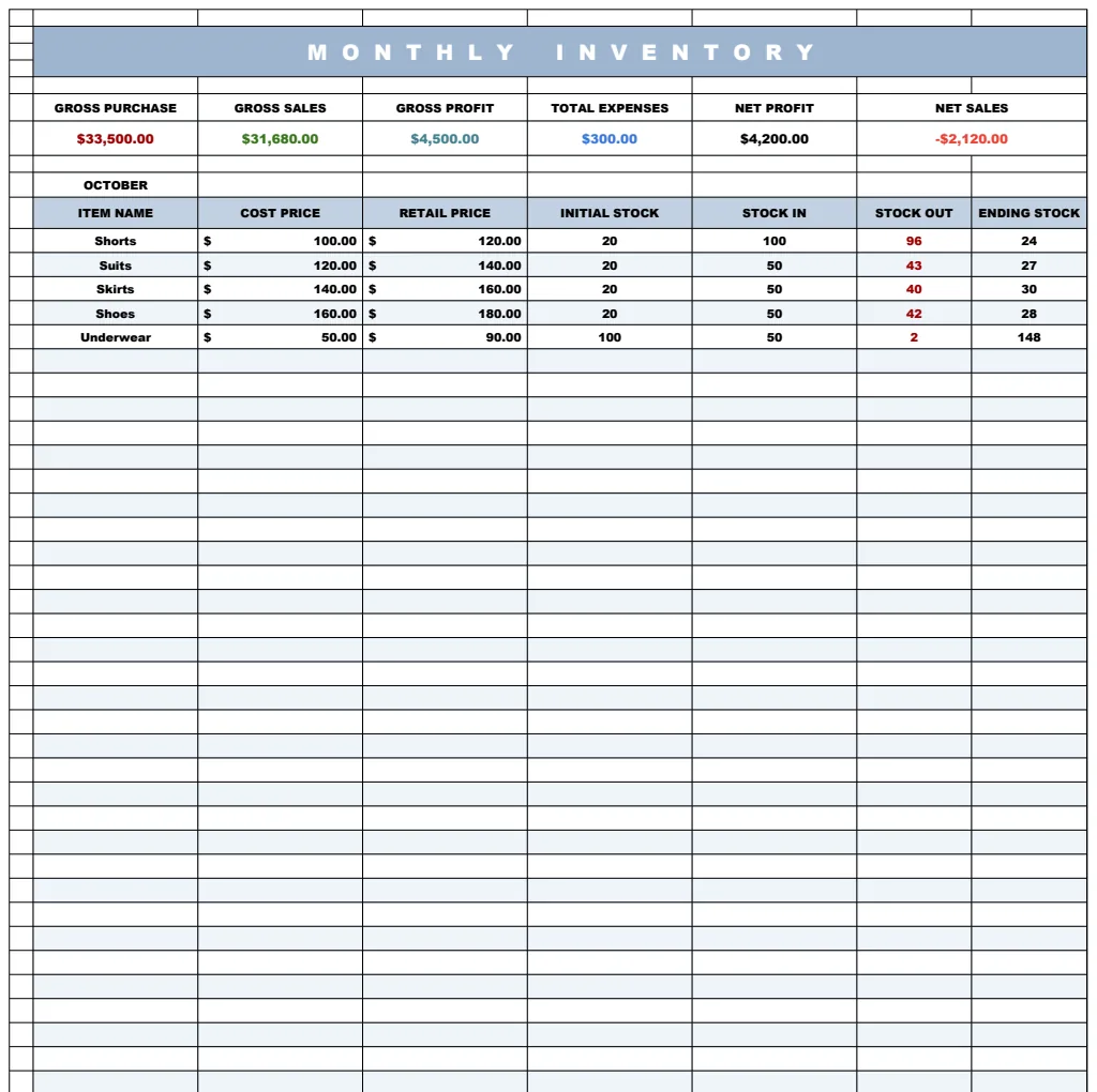 Monthly Inventory Template preview