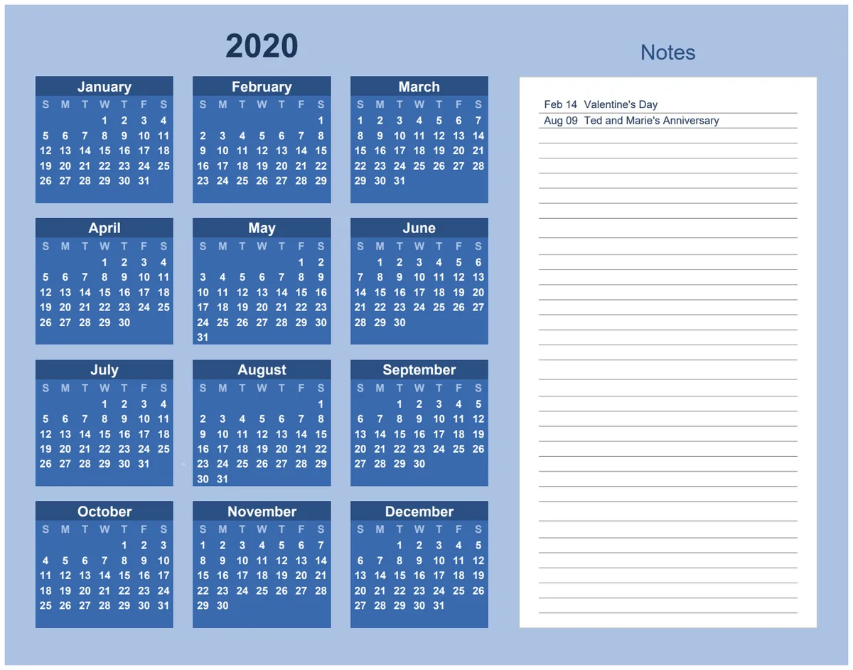 Yearly Calendar Landscape with Notes Bold Theme preview