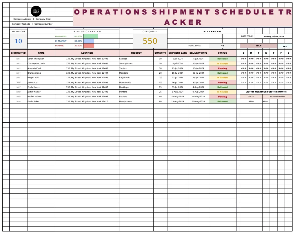 Operations Shipment Schedule Tracker Template preview