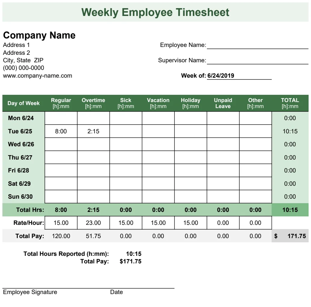Employee Weekly Timesheet preview