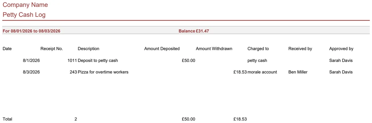 Petty Cash Log preview