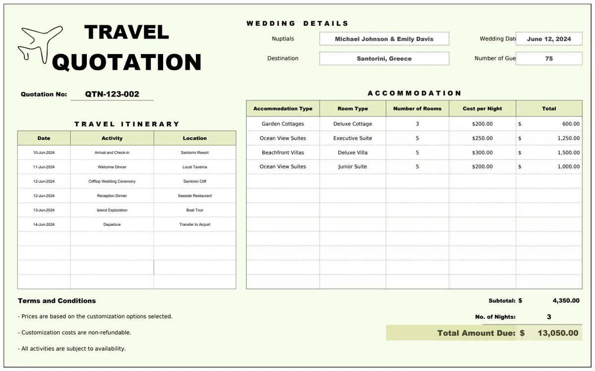 Destination Wedding Travel Quotation Template preview