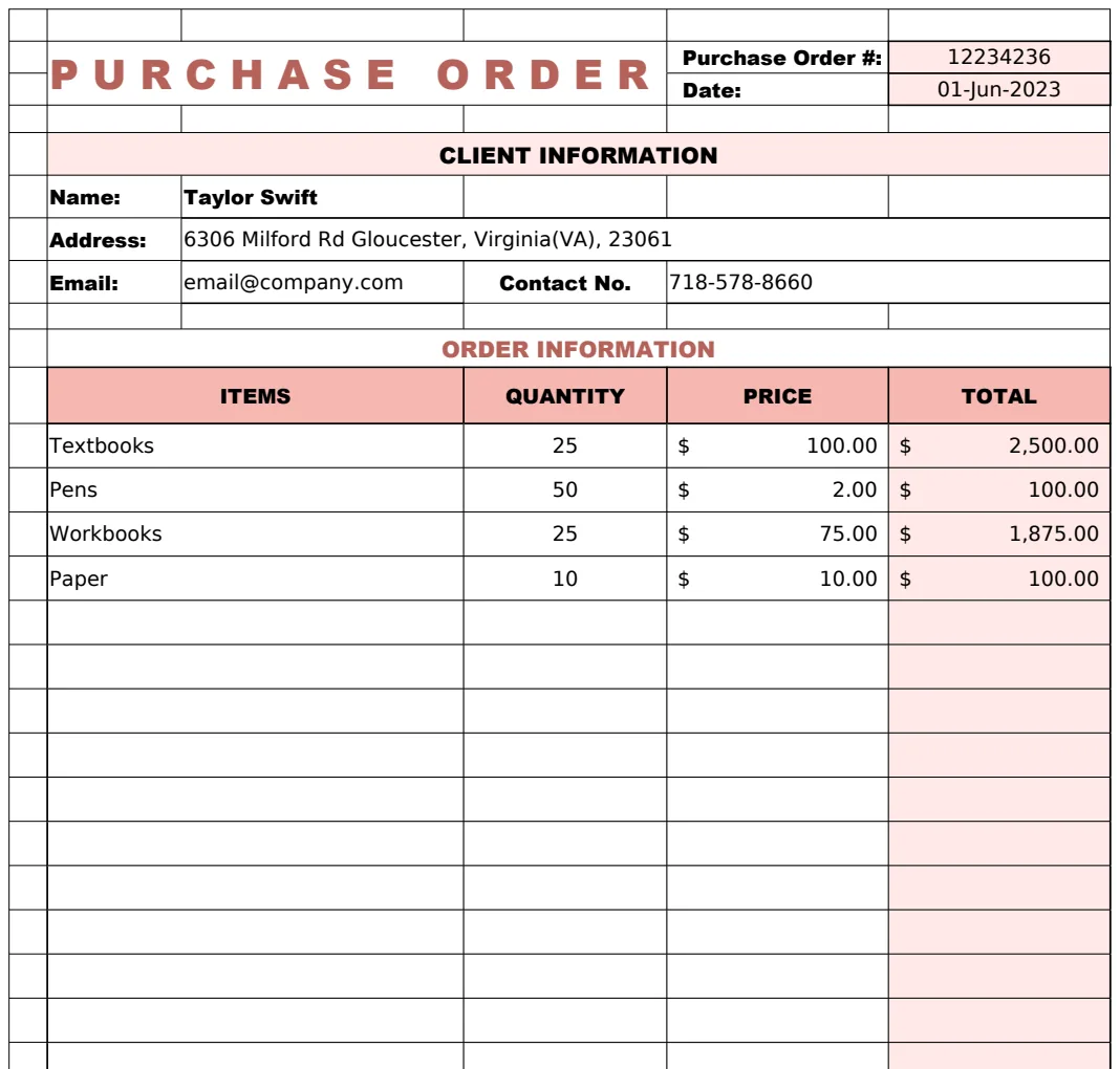 Purchase Order Form Template preview