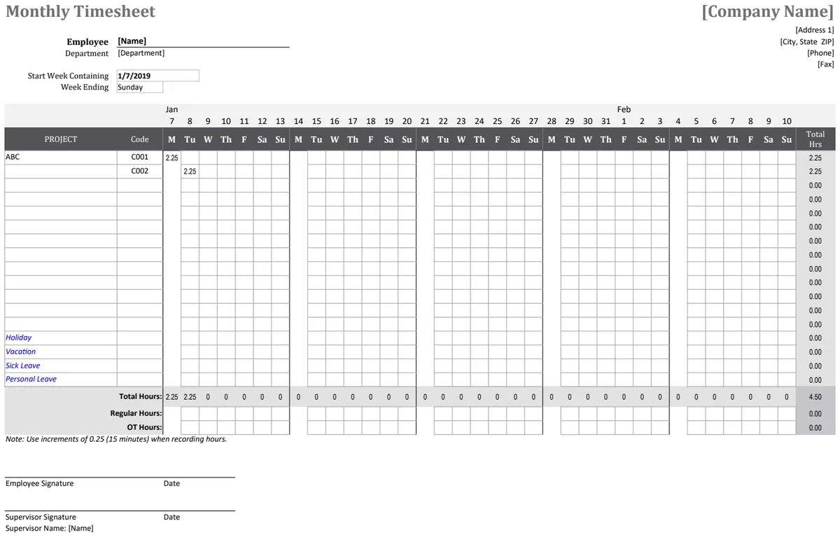 Monthly Timesheet preview